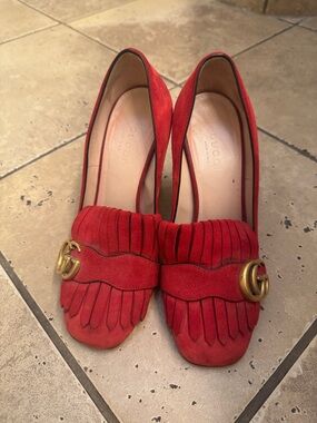 Gucci Red Suede Fringe Pumps with Gold GG